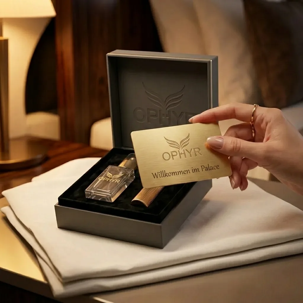 Hand h&auml;lt Goldkarte im Luxushotel